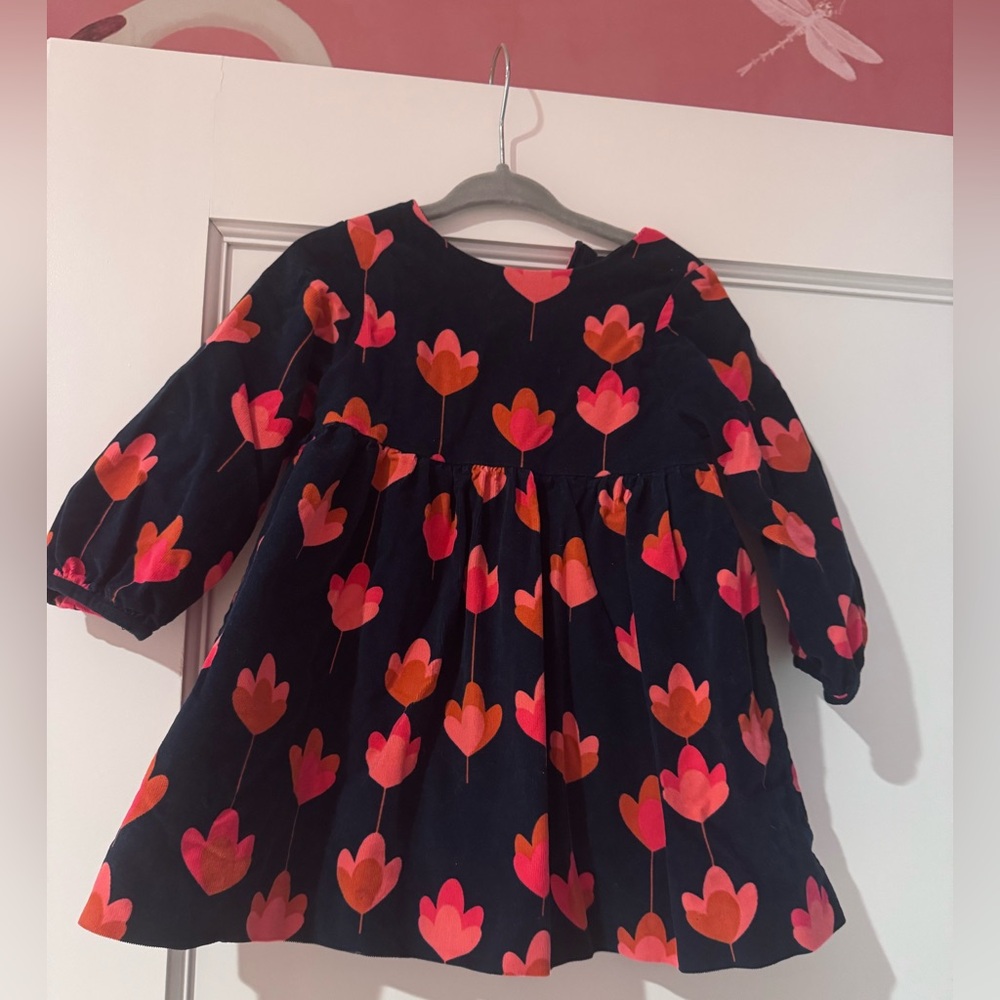 Jacadi corduroy navy dress with orange flowers. Size 18 months.